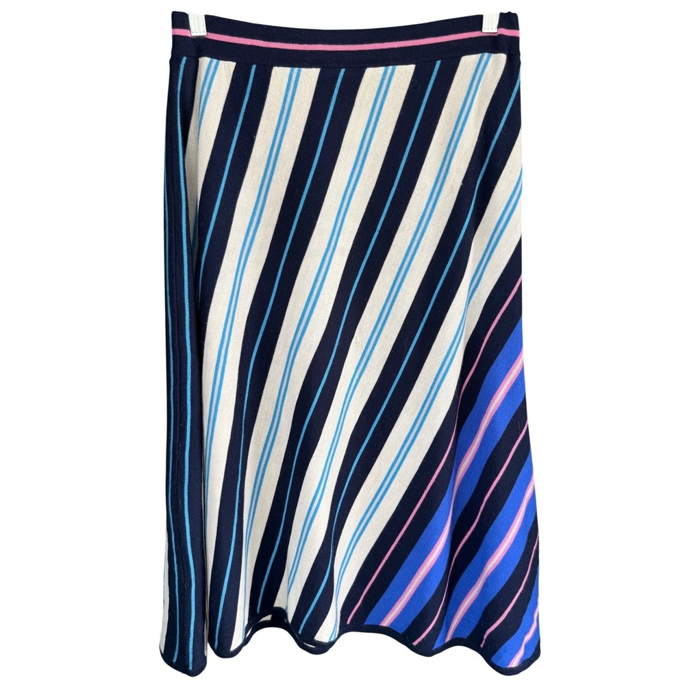 C1 J.Crew Skirt 100% Merino Wool Diagonal Stripe A-Line Preppy Midi Knit Blue